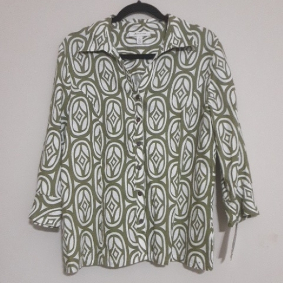 JM Collefction Stylish Green Patterned Women Blouse Linen 8 Casual Vacation Y2k - Picture 1 of 6